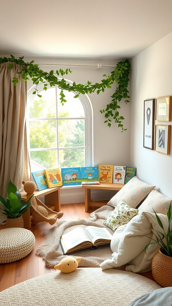 A cozy reading corner with baby books, cushions, and plants.