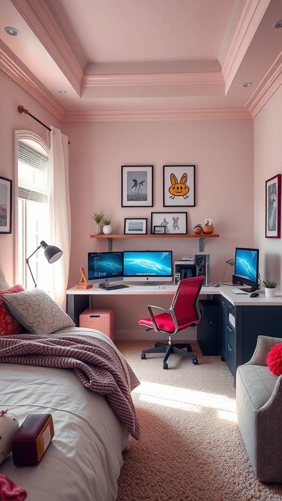 A stylish tween girl's bedroom featuring dual computer monitors, a pink chair, and cozy decor.