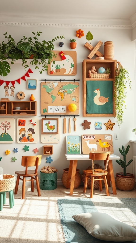 Colorful playroom wall featuring interactive activities for toddlers.