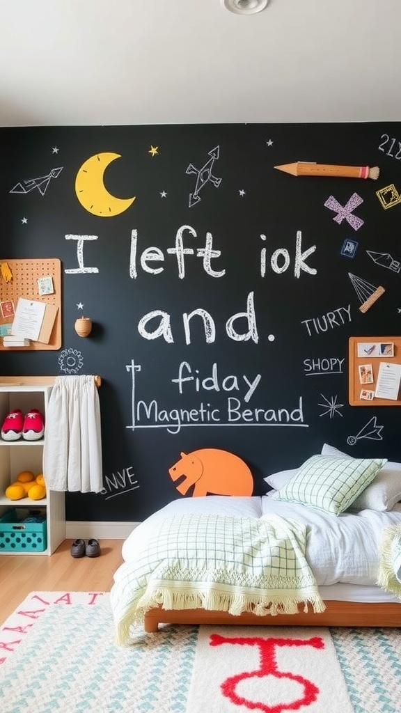 A kids bedroom with an interactive black chalkboard wall, featuring colorful drawings, playful text, and a cozy bed.