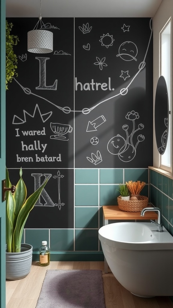 Kids' bathroom with interactive chalkboard wall art and playful doodles