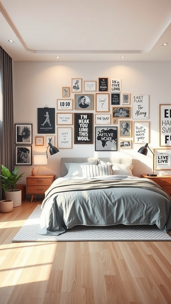 A cozy bedroom featuring a wall filled with various framed artworks and quotes, complemented by plants and warm wood flooring.