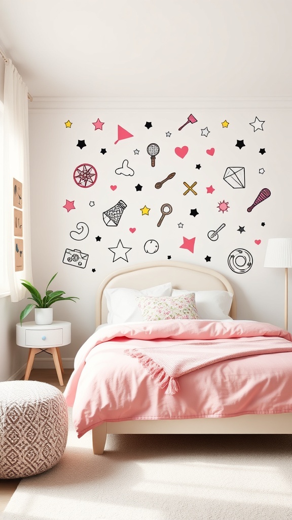 A bedroom with interactive wall decals featuring stars, hearts, and various playful shapes.