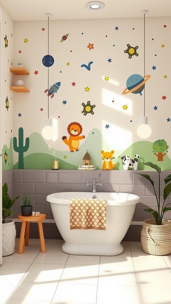 A colorful kids bathroom with playful wall decals featuring animals and space themes.