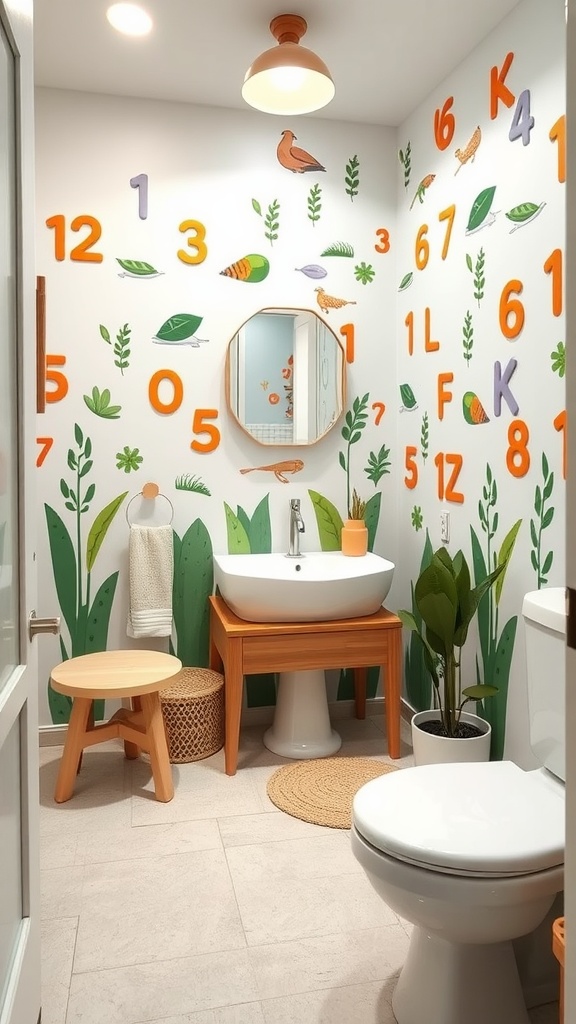 Colorful kids bathroom with interactive wall decals featuring numbers, letters, and playful illustrations.