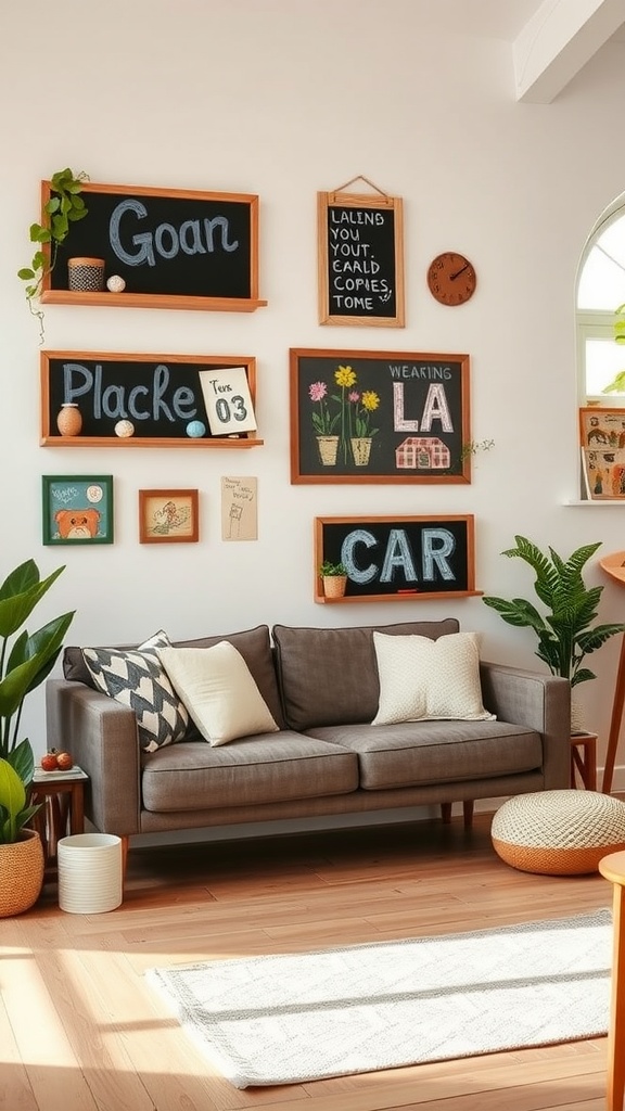 A living room with interactive wall decor, featuring chalkboards and colorful art pieces.