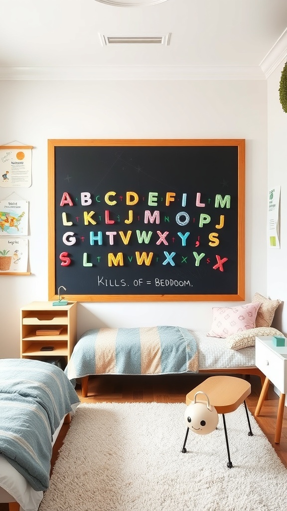 A kindergarten bedroom featuring a colorful interactive wall with letters, cozy bedding, and playful furniture.