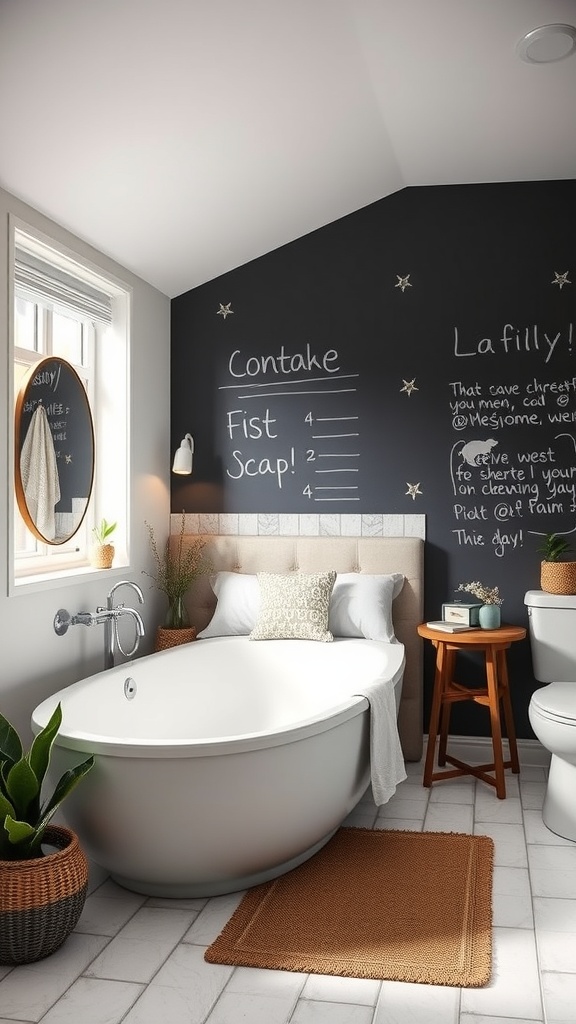 A modern bathroom featuring a chalkboard wall with handwritten notes, a freestanding bathtub, and decorative plants.