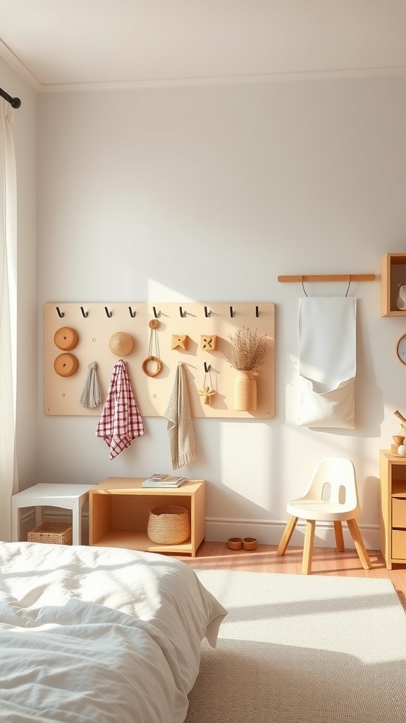 A Montessori-style toddler bedroom featuring an interactive wall with hooks and various items for play and exploration.
