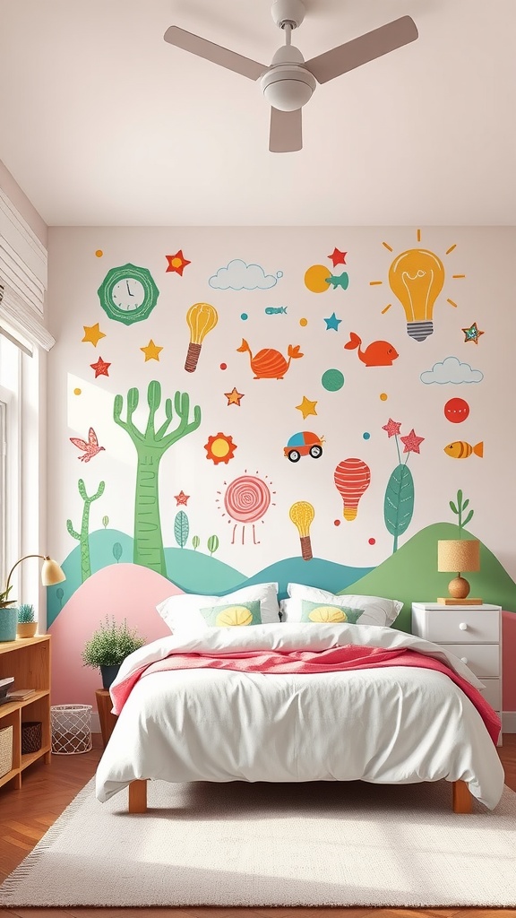 A colorful and playful interactive wall mural in a tween girl's bedroom featuring designs like fish, light bulbs, and trees.