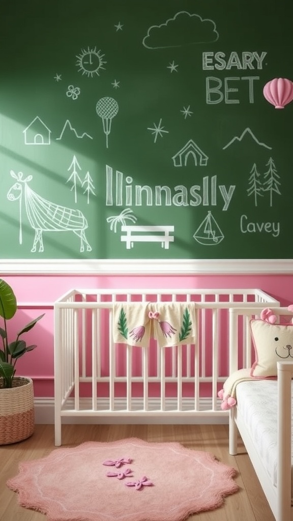 A pink and green nursery featuring a chalkboard wall with colorful doodles and a crib.