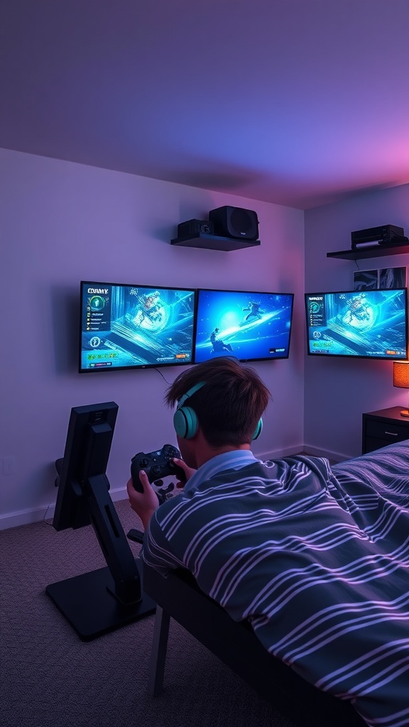 A boy gaming in bed with multiple screens and ambient lighting in a cozy room