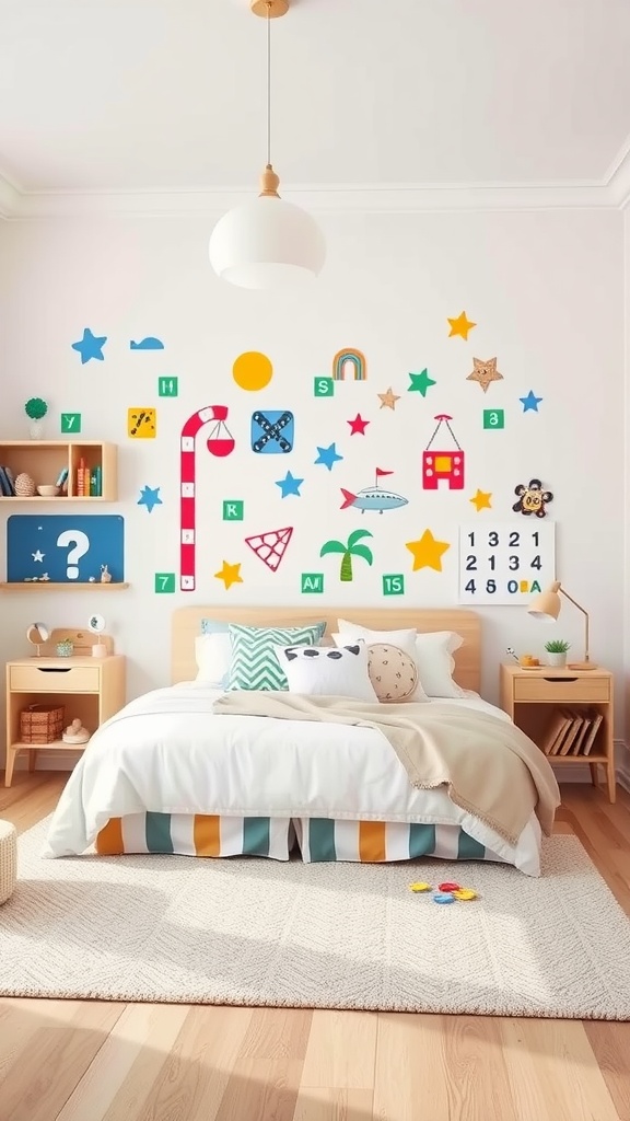 A bright bedroom wall with colorful interactive games and puzzles, featuring stars, numbers, and shapes.
