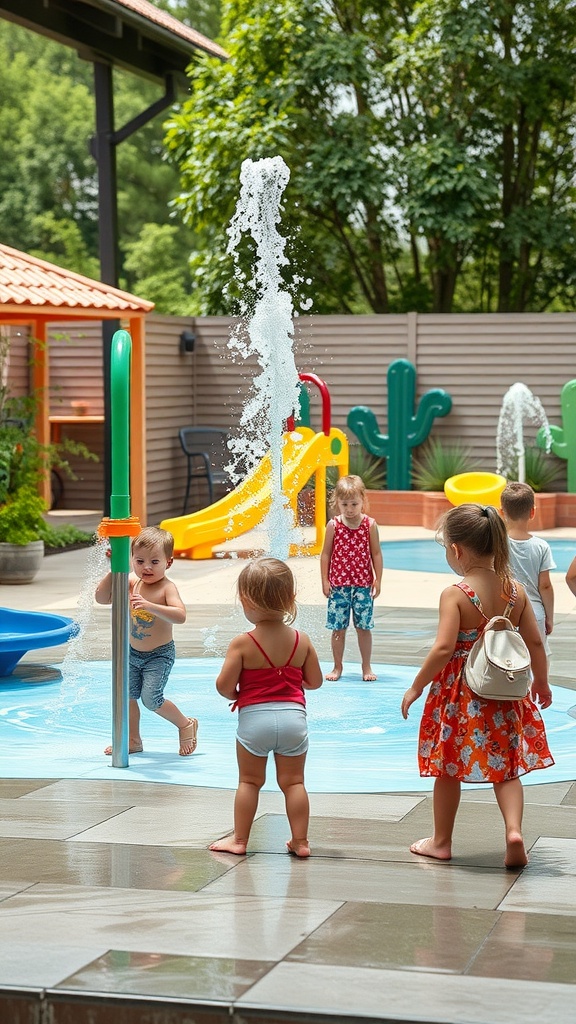 Children playing in an outdoor water play area with various water features and slides.