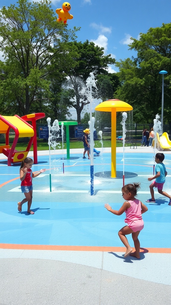 Children playing in an interactive water play area with colorful structures and water sprays.