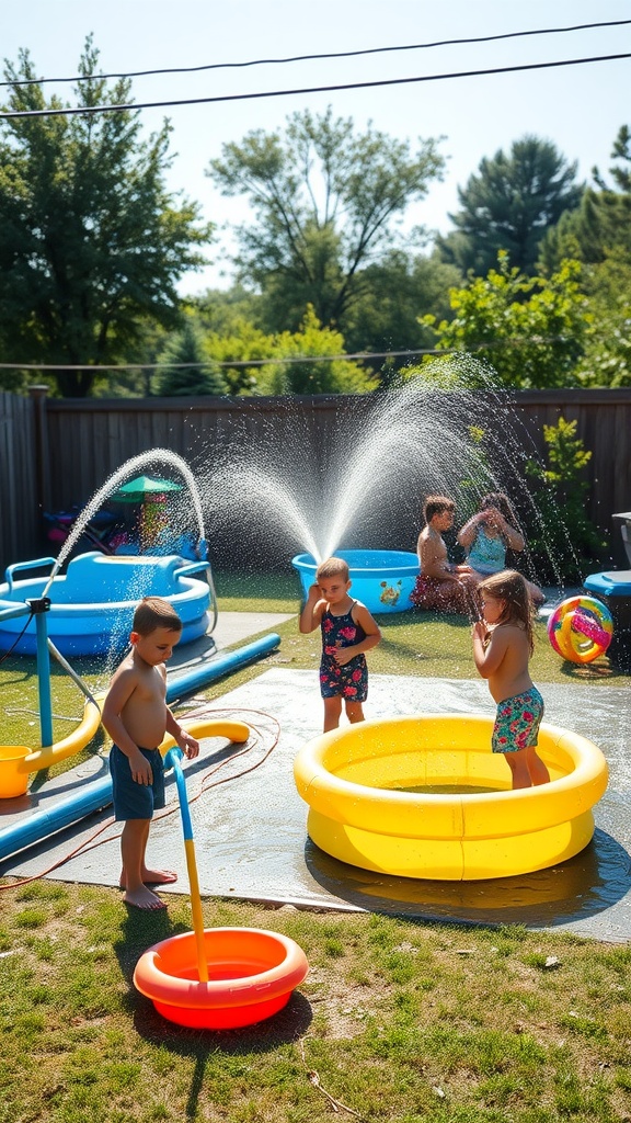 Children playing in a backyard water play area with inflatable pools and water sprays.