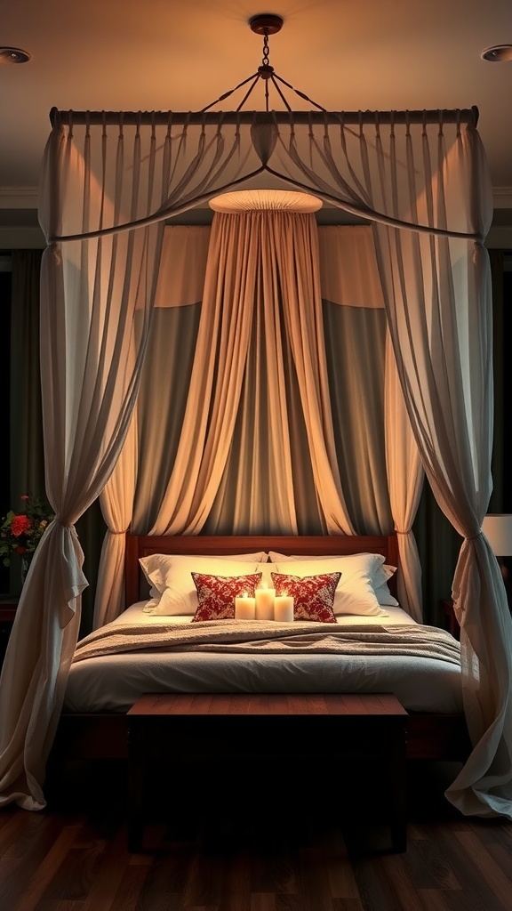 A cozy canopy bed with soft drapes and warm lighting, featuring decorative pillows and candles.