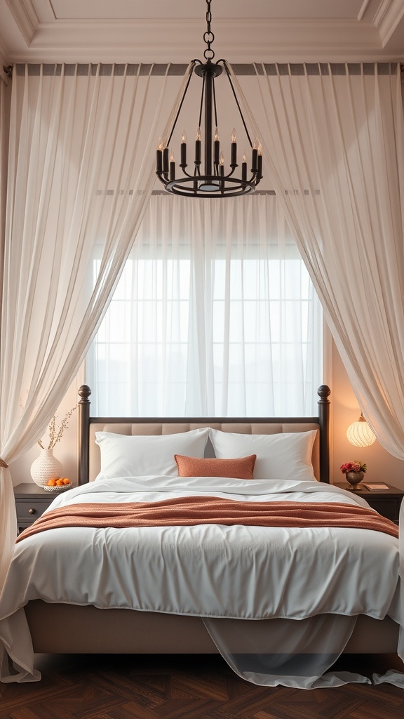 A cozy bedroom featuring a canopy bed with sheer curtains, soft bedding, and a stylish chandelier.