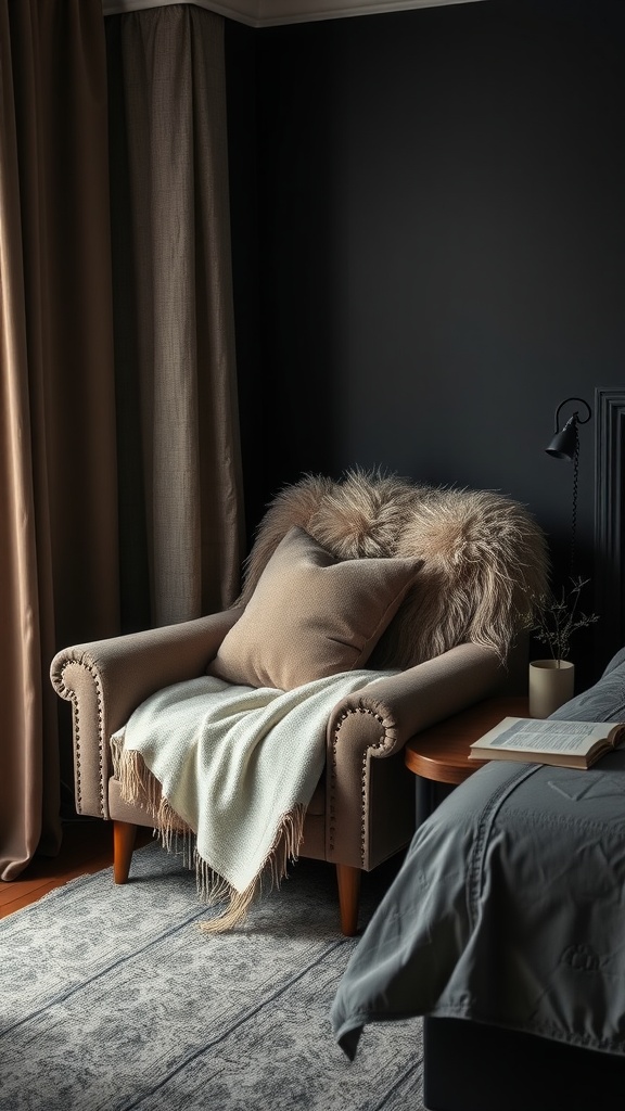 Cozy corner in a dark bedroom with an armchair, throw blanket, side table, and a book