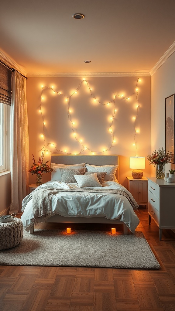A cozy bedroom with fairy lights draped on the wall, creating a warm and inviting atmosphere.