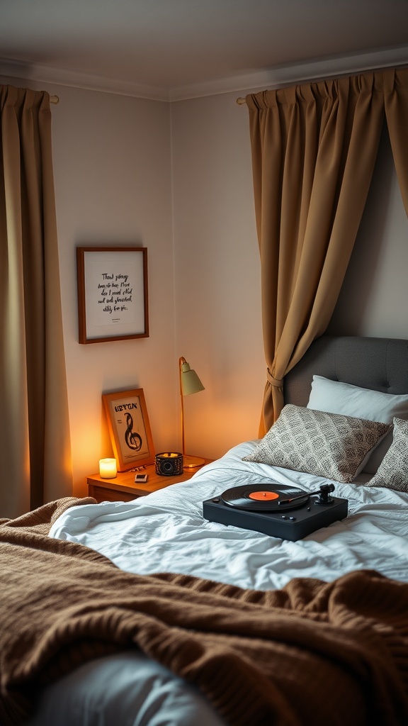 A cozy bedroom with a record player on the bed, warm lighting, and decorative elements.