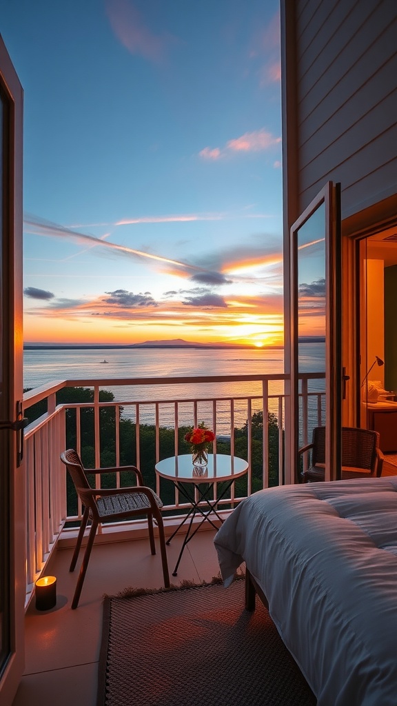 A cozy outdoor balcony with ocean view at sunset, featuring a small table with flowers and comfortable chairs.