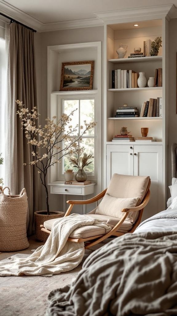 A cozy reading nook in a bedroom with a chair, blanket, and bookshelf.