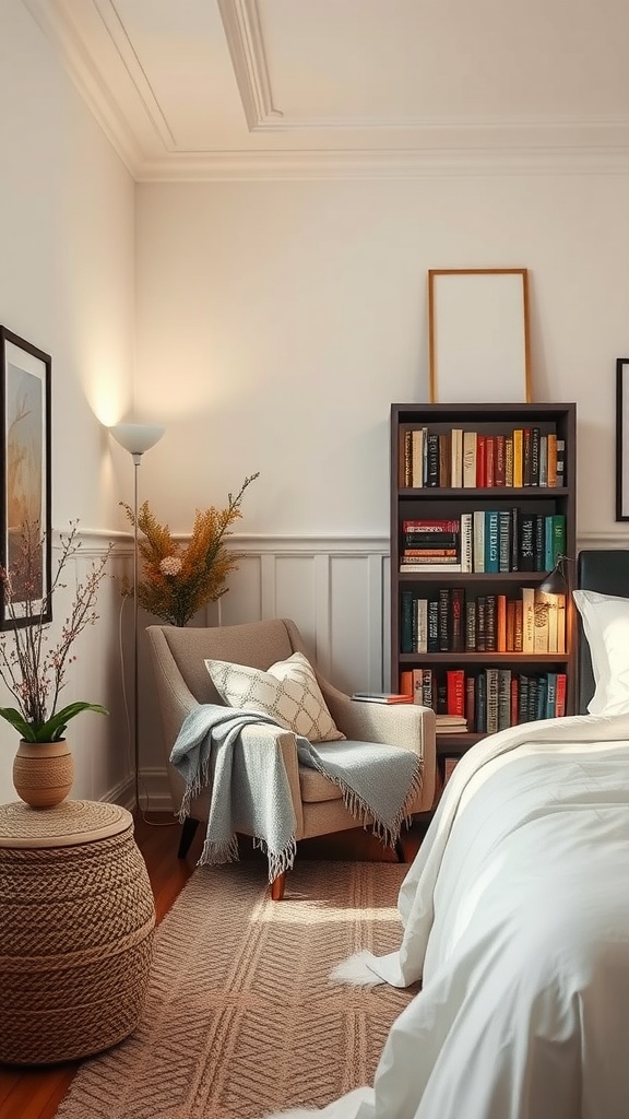 Cozy reading nook in a romantic bedroom with a chair, side table, and bookshelf.