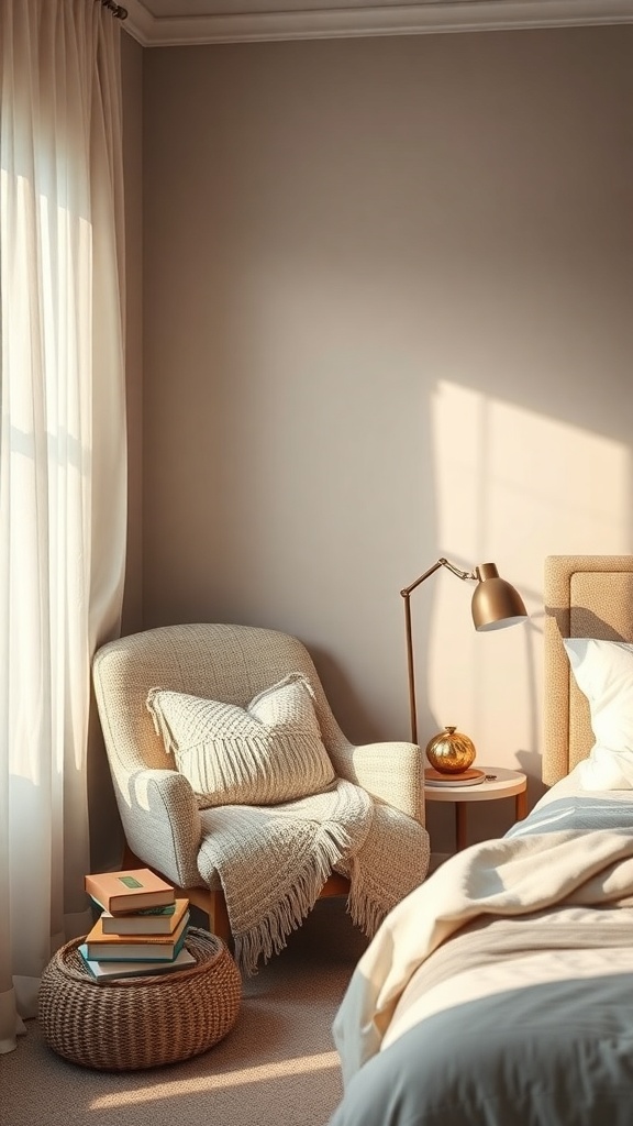 A cozy reading nook in a bedroom featuring a soft chair, a small table with a lamp, and a stack of books.