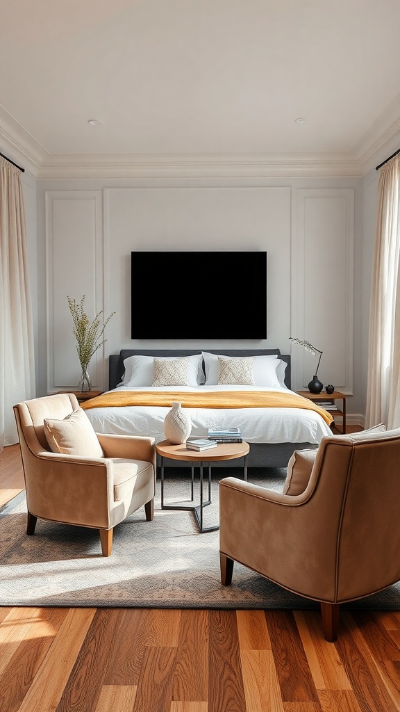 Cozy bedroom seating area with two chairs and a small table, creating an intimate atmosphere.
