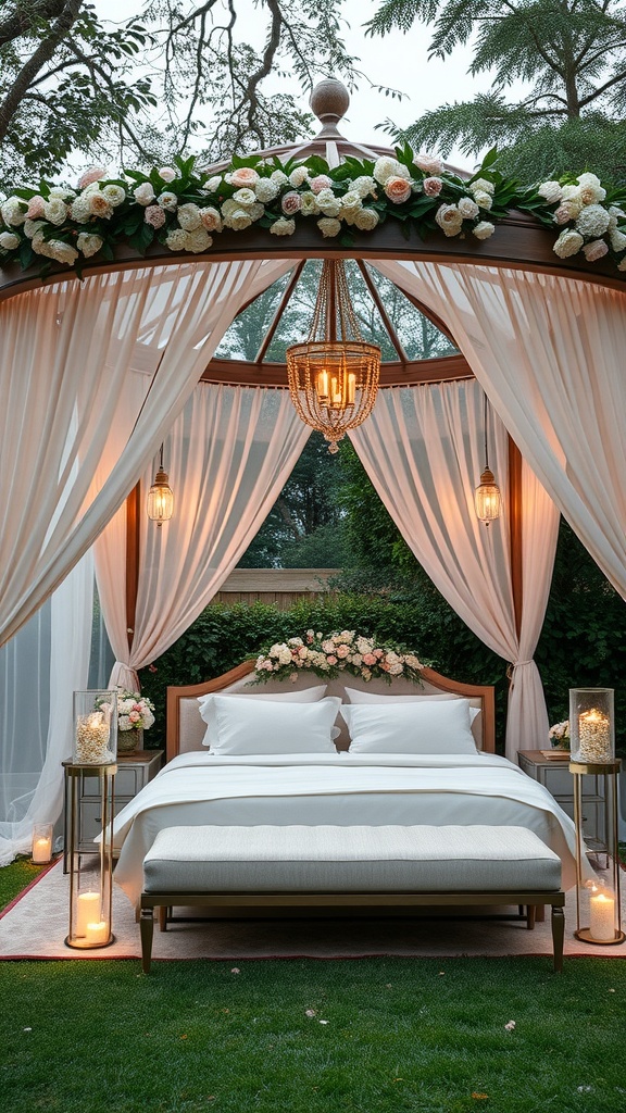 A beautifully decorated gazebo with flowers and soft drapes, set up for an intimate wedding.