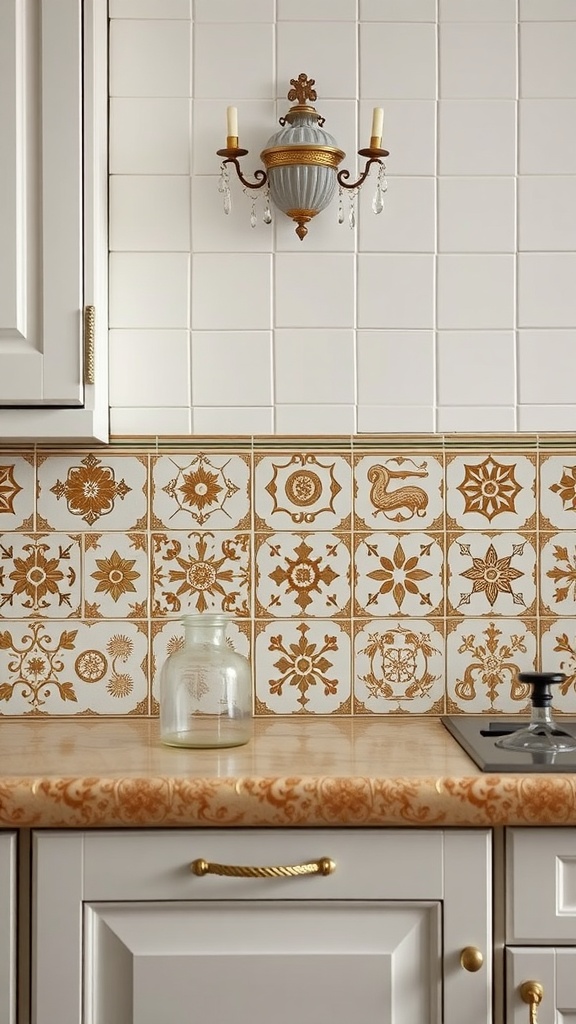 Victorian kitchen backsplash with intricate patterned tiles in warm tones.