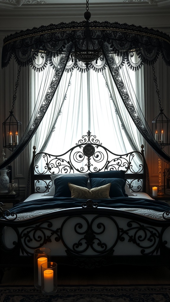 A gothic bedroom featuring an intricate black lace canopy over an ornate bed, with candles on the floor.