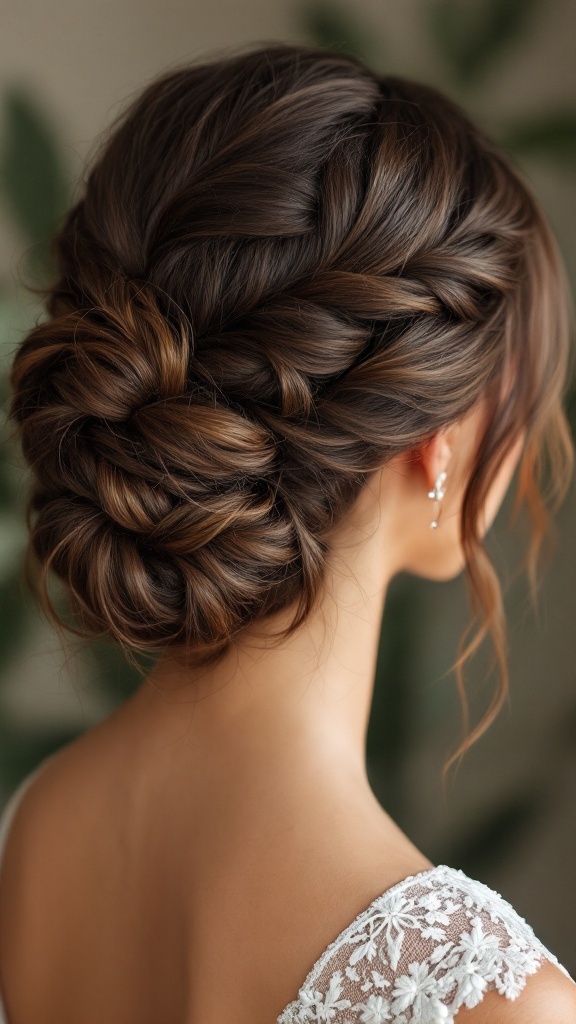 An elegant braided bun hairstyle with soft waves framing the face.