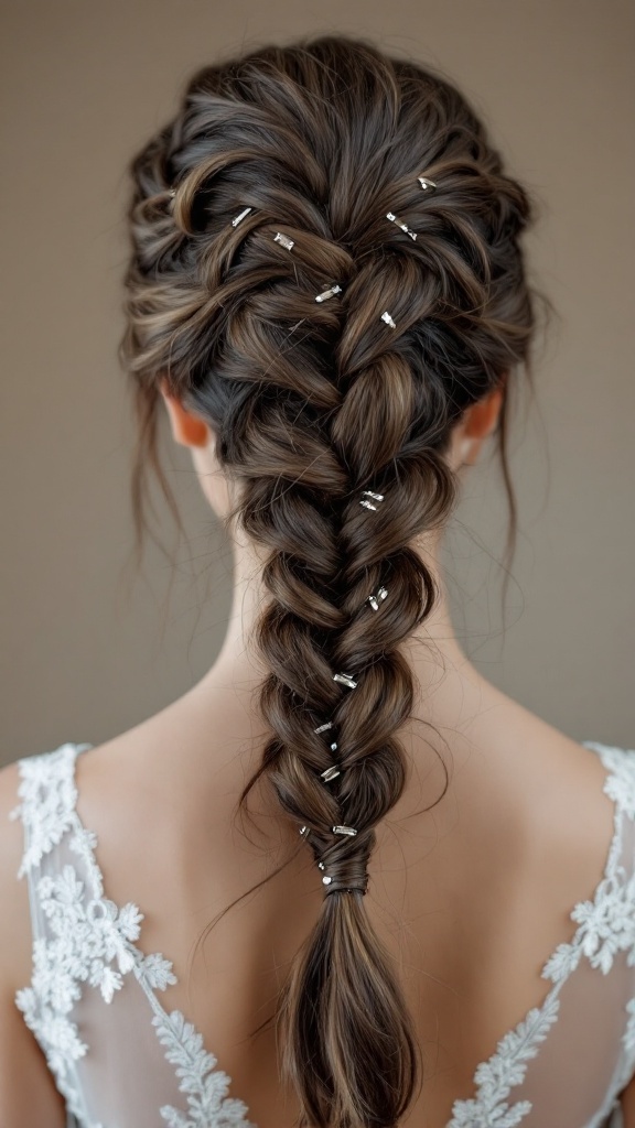 A braided hairstyle for bridesmaids with hairpins accenting the braid