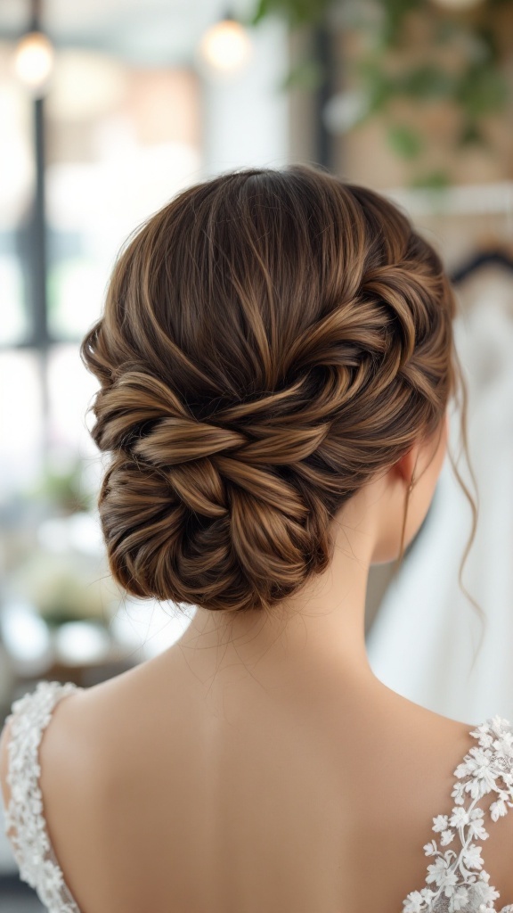 A detailed view of an intricate braided low bun hairstyle, showcasing multiple braids and soft waves.