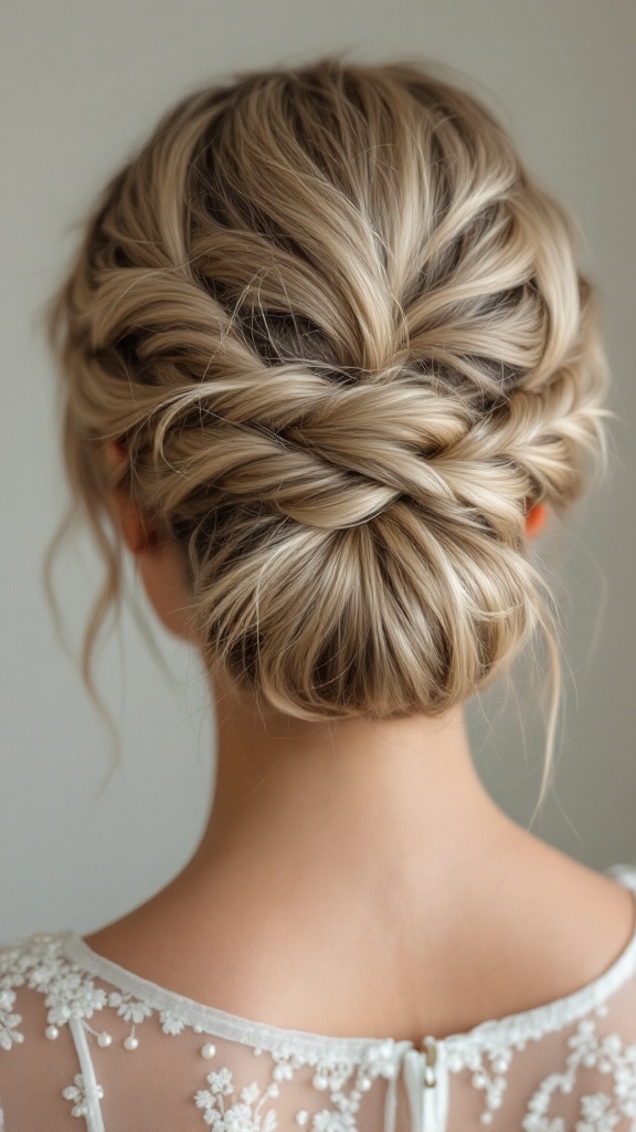 A close-up of an intricate braided messy bun hairstyle
