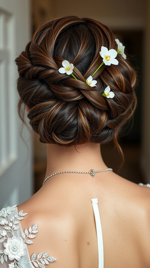 A detailed view of an intricate braided updo hairstyle adorned with white flowers.