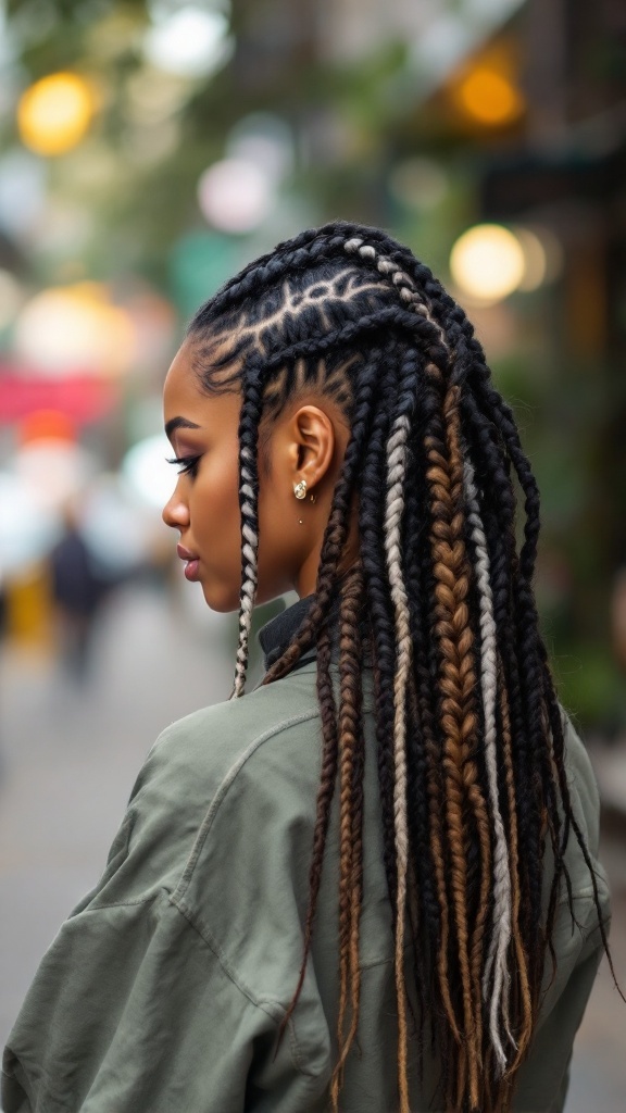 A woman with intricately braided hair in various colors, styled for everyday wear.