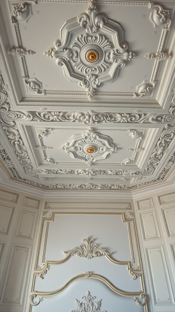 Intricate ceiling design in a luxury bedroom featuring ornate moldings and gold accents.