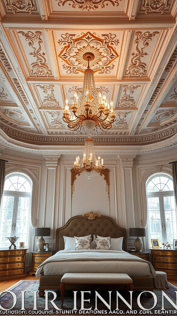 Luxurious bedroom with an intricate ceiling design and elegant chandelier.