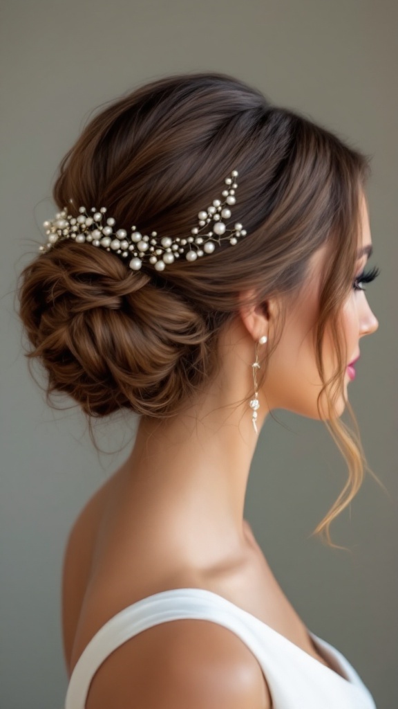 Side view of a woman with an intricate chignon hairstyle adorned with beaded accessories