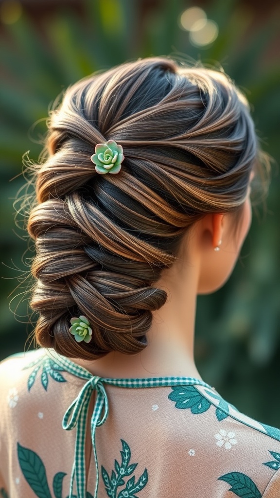 A beautifully arranged chignon hairstyle adorned with succulent clips, showcasing intricate braiding.