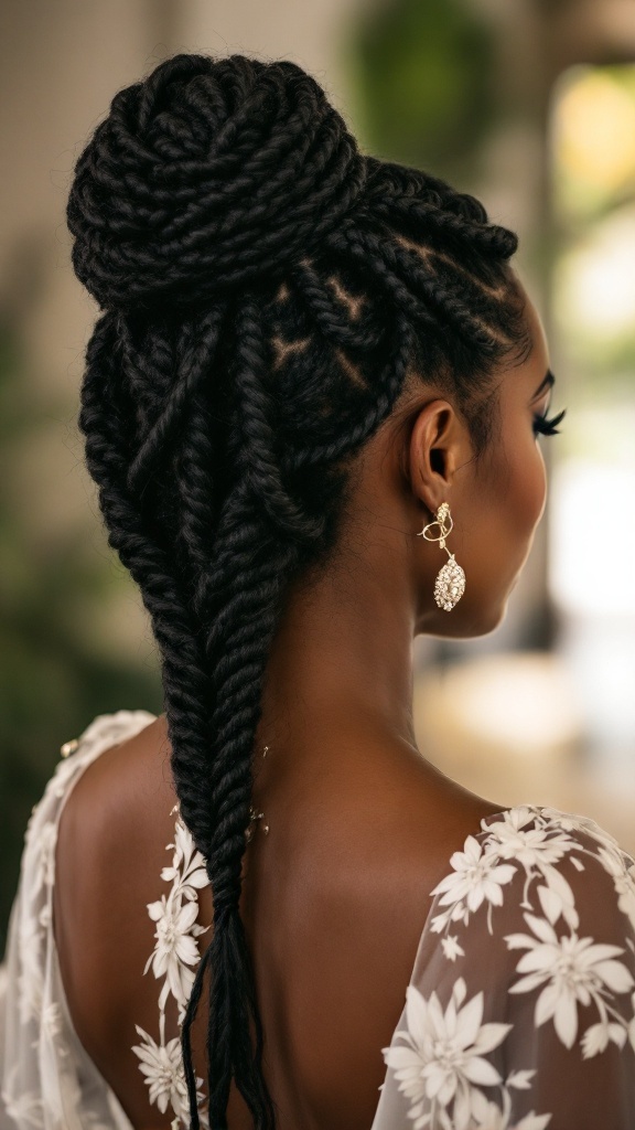 A woman with intricate cornrow hairstyle styled in a bun, showcasing elegant earrings