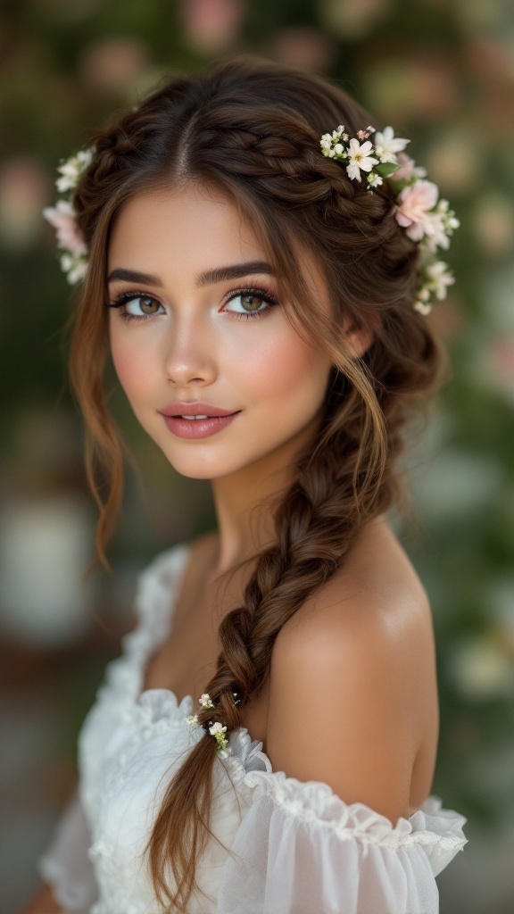 A young girl with a crown braid hairstyle adorned with small flowers, smiling softly.