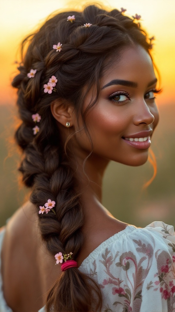 A woman with a crown braid hairstyle decorated with small pink flowers, smiling at sunset.
