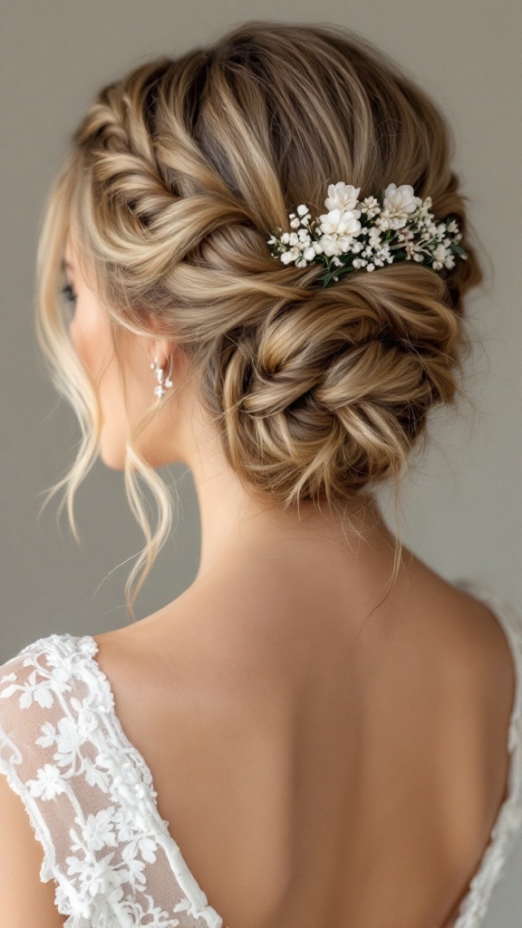 A beautiful bridal hairstyle featuring a Dutch braid updo adorned with small white flowers