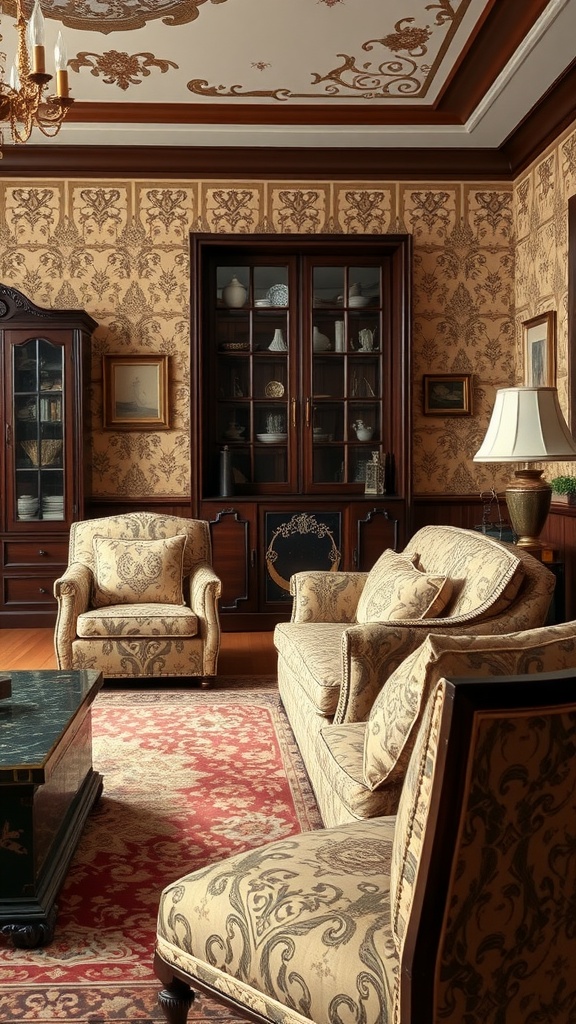 A traditional living room featuring intricate fabric patterns on the upholstery of sofas and chairs, complemented by elegant wooden furniture.