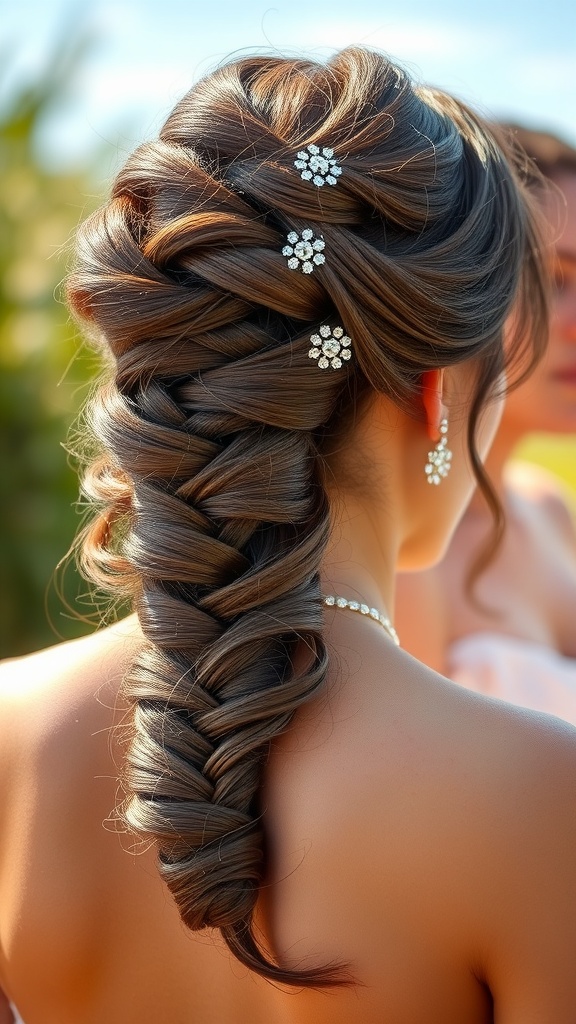 A close-up view of an intricate fishtail braid adorned with sparkling hair clips, showcasing a chic hairstyle for wedding guests.