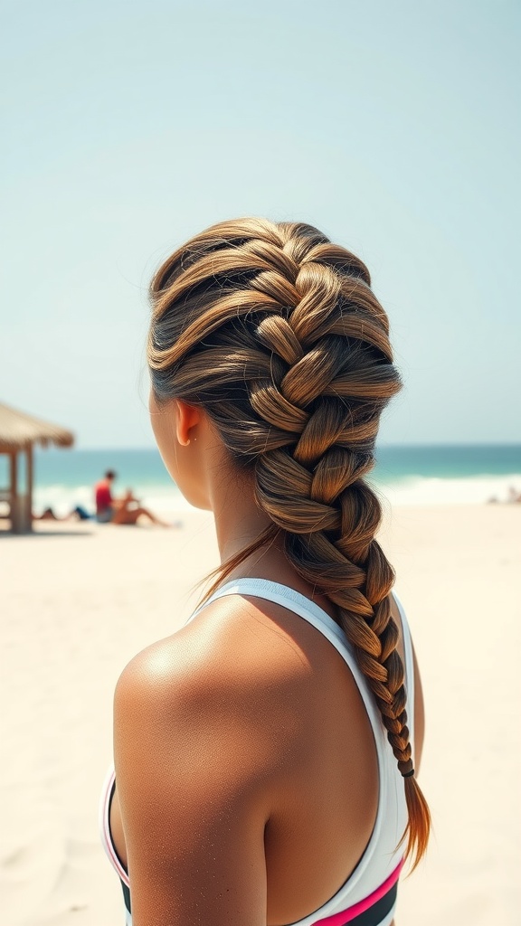 A woman with a fishtail braid, sitting at the beach, with the ocean in the background.